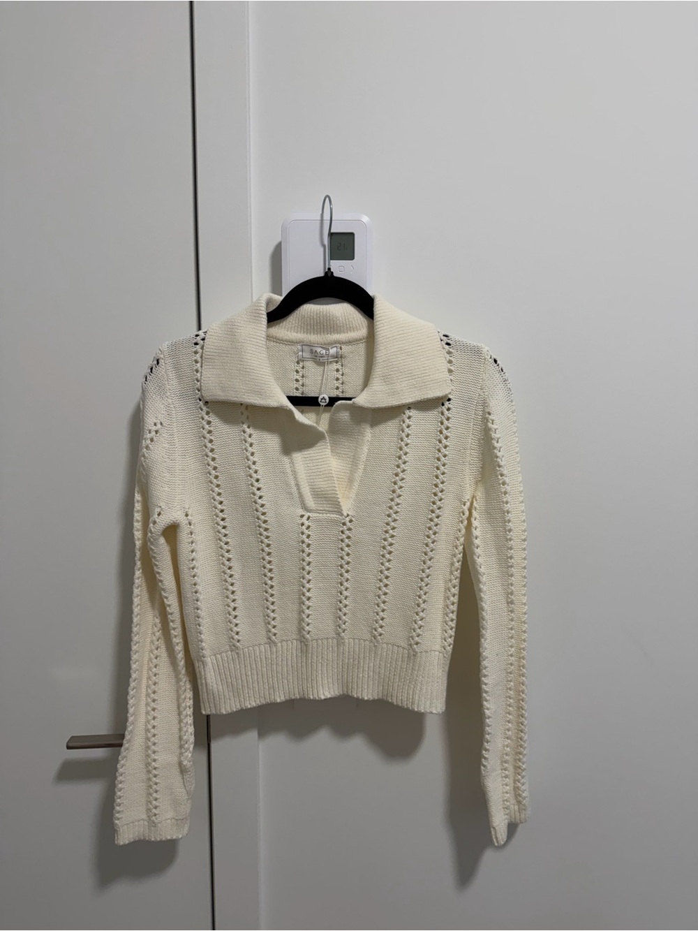 Sage Cream Open-Weave Collared V-Neck Sweater